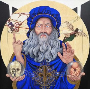 Retrato de Leonardo Da Vinci con 4 brazos y sostiene una calavera, otro sostiene un bebé, otro señala un invento volador y la otra mano señala a la monalisa volando